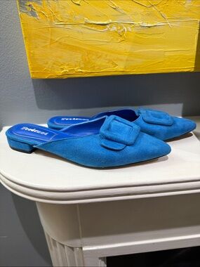 Bright Blue Suede Pointed Mules with Decorative Buckle
